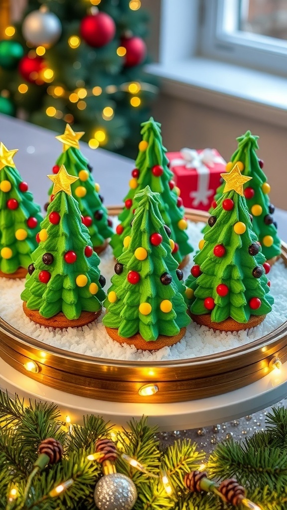 Colorful Christmas tree desserts made of cake with green frosting and candy decorations on a festive platter.